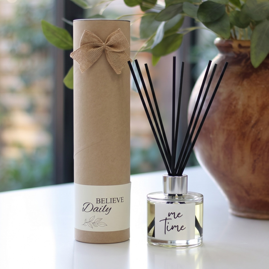 Personalised "Me Time" inspirational candle and luxury reed diffuser keepsake gift set, beautifully packaged and ready to gift by Hideaway Home Fragrances.