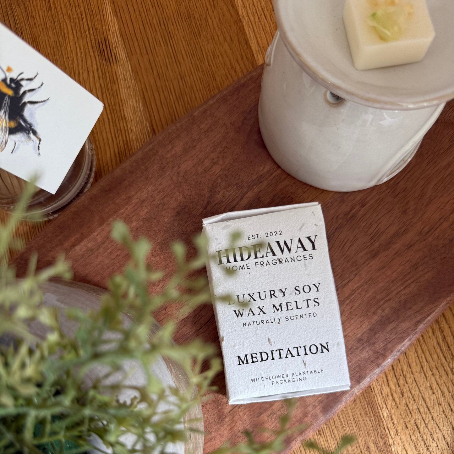 Six large Meditation soy wax melts with floral, herbal, and grounding notes of lavender, ylang ylang, thyme, and patchouli – Hideaway Home Fragrances