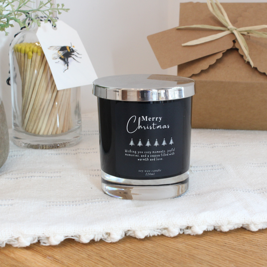 Personalised Merry Christmas candle with Christmas tree design and custom message – Hideaway Home Fragrances