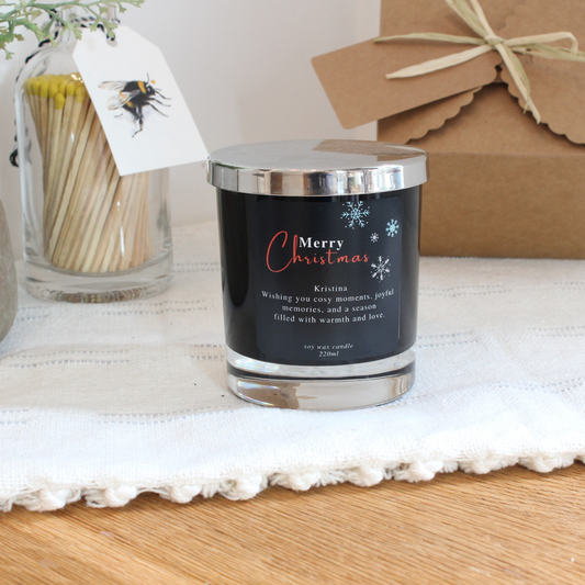 Personalised Merry Christmas candle with snowflake design and custom message – Hideaway Home Fragrances