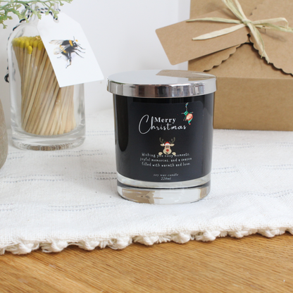 Personalised Merry Christmas candle with elf and reindeer design – Hideaway Home Fragrances