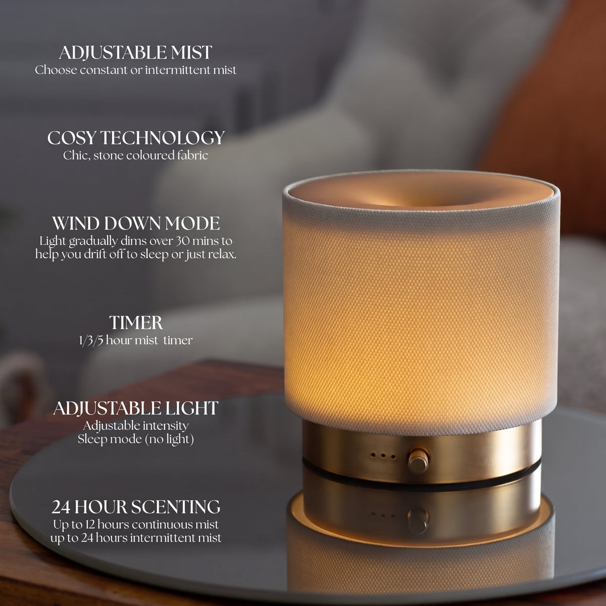 Soft aromatherapy mist diffusing from the Mira USB Aroma Diffuser with ambient warm light by Hideaway Home Fragrances