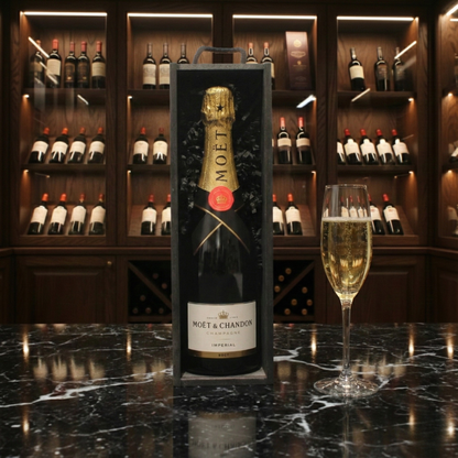 The Champagne Reserve Gift Box featuring a bottle of Moët & Chandon inside a sleek black wooden wine box.