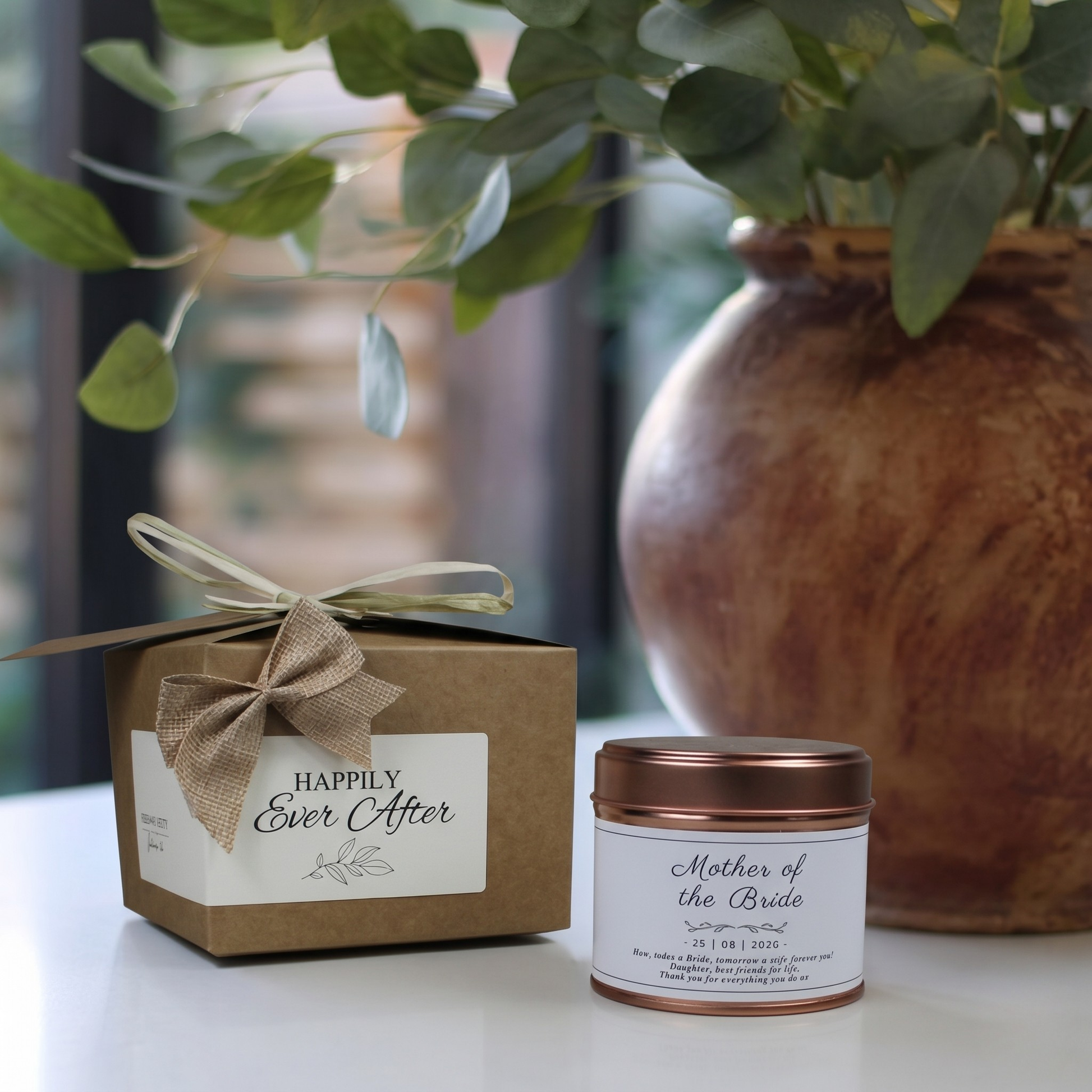 Ready-to-gift Personalised Mother Of Bride Thank You Candle & Reed Diffuser box containing a custom handmade soy candle and premium home diffuser – Hideaway Home Fragrances