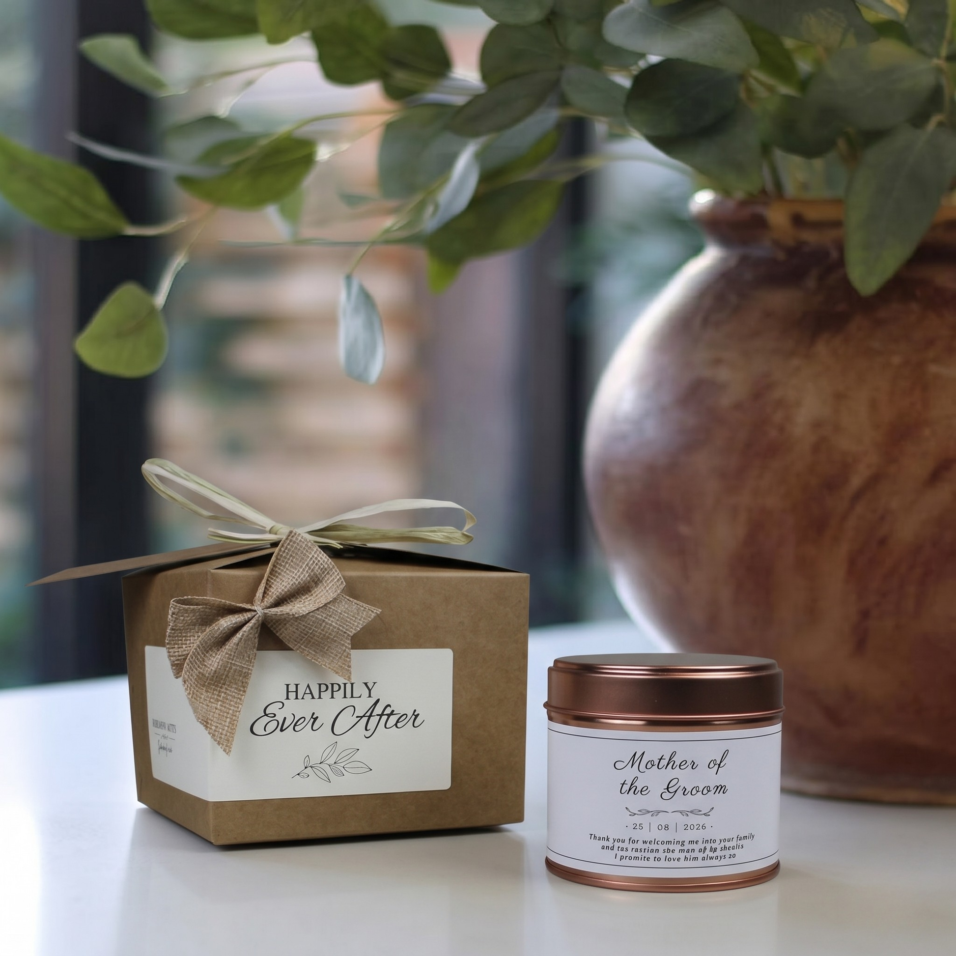 Ready-to-gift Personalised Mother Of Groom Thank You Candle & Reed Diffuser box containing a custom handmade soy candle and premium home diffuser – Hideaway Home Fragrances