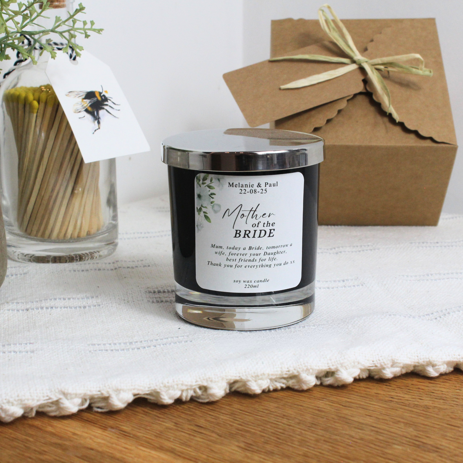Elegant Keepsake Candle Gift for Mother of the Bride with Wedding Date – Hideaway Home Fragrances