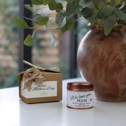 Custom luxury Mother’s Day gift box featuring a personalised We Love You Mum Mother's Day Candle & Reed Diffuser keepsake by Hideaway Home Fragrances.