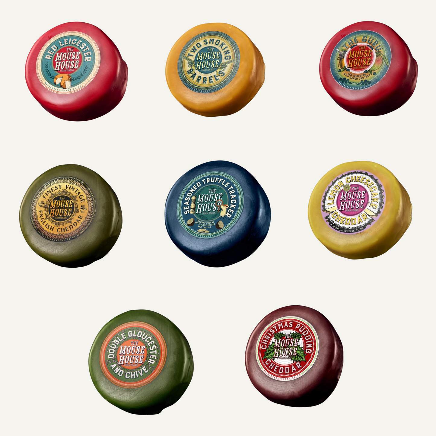 Assorted Mouse House wax-coated cheese truckles featuring traditional and contemporary flavours, expertly crafted artisan British cheese