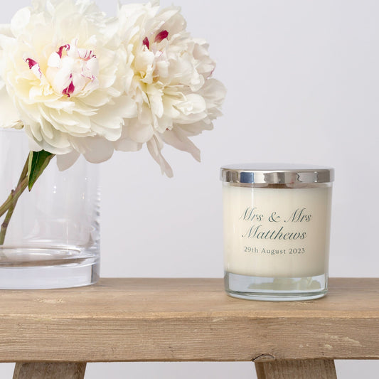 Personalised Mrs & Mrs Wedding Candle Gifts and Favours - Hideaway Home Fragrances