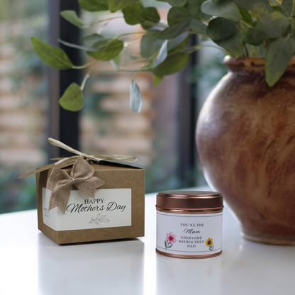 Custom luxury Mother’s Day gift box featuring a personalized best mum birthday candle and matching home fragrance diffuser by Hideaway Home Fragrances.