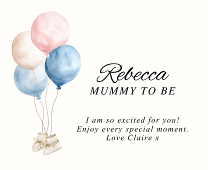Luxury personalized expecting mum pamper gift set with a sentimental mummy to be tribute candle and reed diffuser, elegantly boxed by Hideaway Home Fragrances.