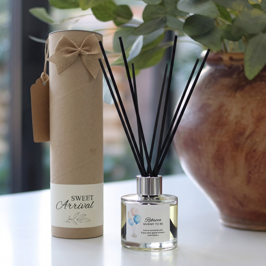 Personalised "Mummy To Be" balloon candle and luxury reed diffuser keepsake gift set, beautifully packaged and ready to gift by Hideaway Home Fragrances.