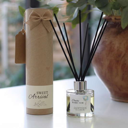 Personalised "Mummy To Be" pastel balloon candle and luxury reed diffuser keepsake gift set, beautifully packaged and ready to gift by Hideaway Home Fragrances.