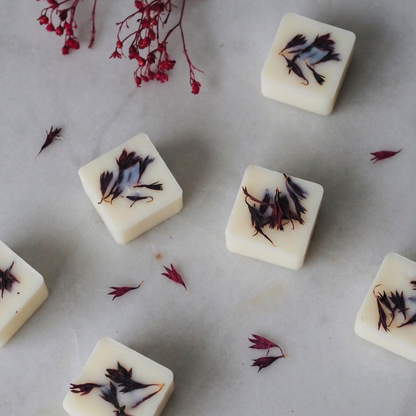 Close-up of handmade Myrrh and Tonka soy wax melts topped with natural dried botanicals - Hideaway Home Fragrances