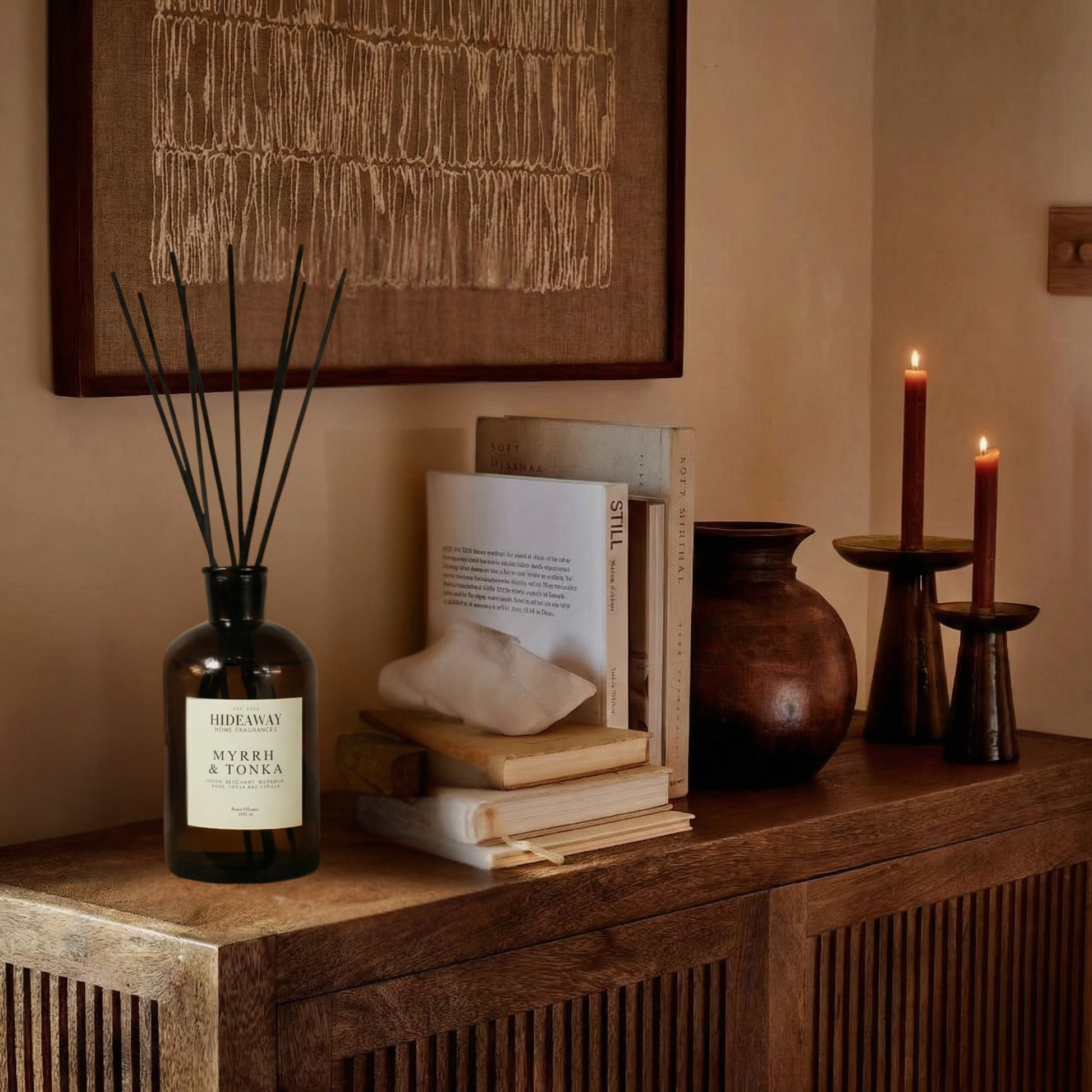 Extra large myrrh and tonka reed diffuser 1000ml, rich amber and vanilla scent for grand interiors