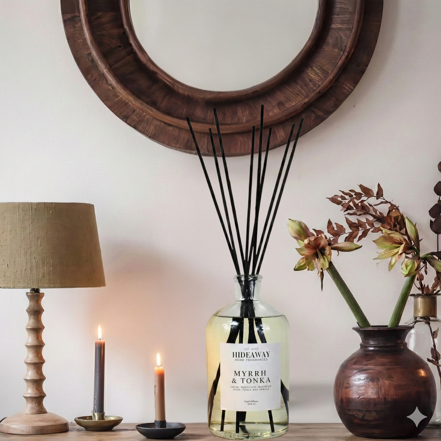 Luxury myrrh and tonka 1000ml reed diffuser for large spaces, warm opulent home fragrance