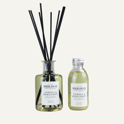 Uplifting Energising Refreshing Reed Diffuser Refill – Neroli & Bergamot Blend with Green Petitgrain and Vetiver | Hideaway Home Fragrances