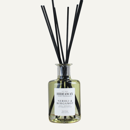 Neroli and Bergamot Reed Diffuser – Uplifting Energising Refreshing Home Fragrance with Citrus, Petitgrain, and Vetiver | Hideaway Home Fragrances