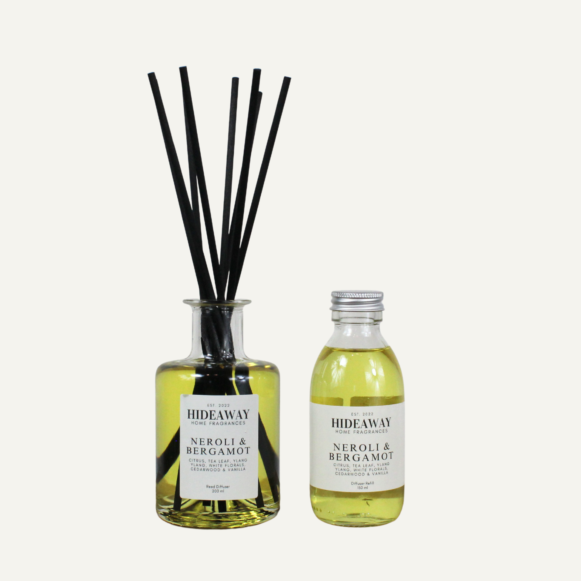 Neroli & Bergamot home fragrance diffuser 200ml and 150ml refill, radiant citrus floral scent with incense base