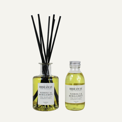 Neroli & Bergamot home fragrance diffuser 200ml and 150ml refill, radiant citrus floral scent with incense base