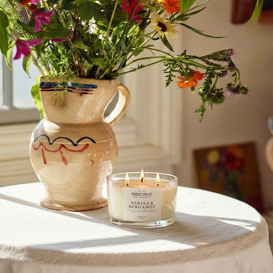 Neroli and Bergamot 3-wick luxury candle with zesty citrus fragrance creating an uplifting and energising home atmosphere