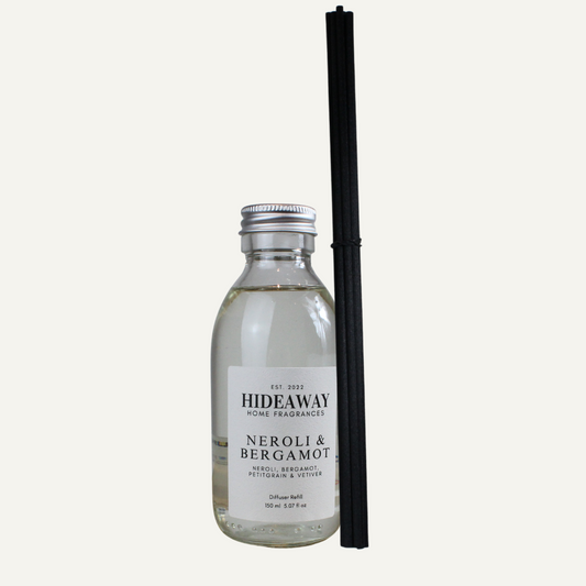 Neroli & Bergamot Reed Diffuser Refill with bergamot, neroli, petitgrain, and vetiver – uplifting, energising, and refreshing scent – Hideaway Home Fragrances