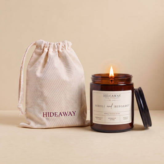 Neroli and bergamot amber glass candle with fresh citrus floral scent by Hideaway Home Fragrances