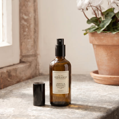 Fragrance notes breakdown for Hideaway Home Fragrances neroli and bergamot room spray with zesty mandarin, tea, blooming jasmine, and incense.