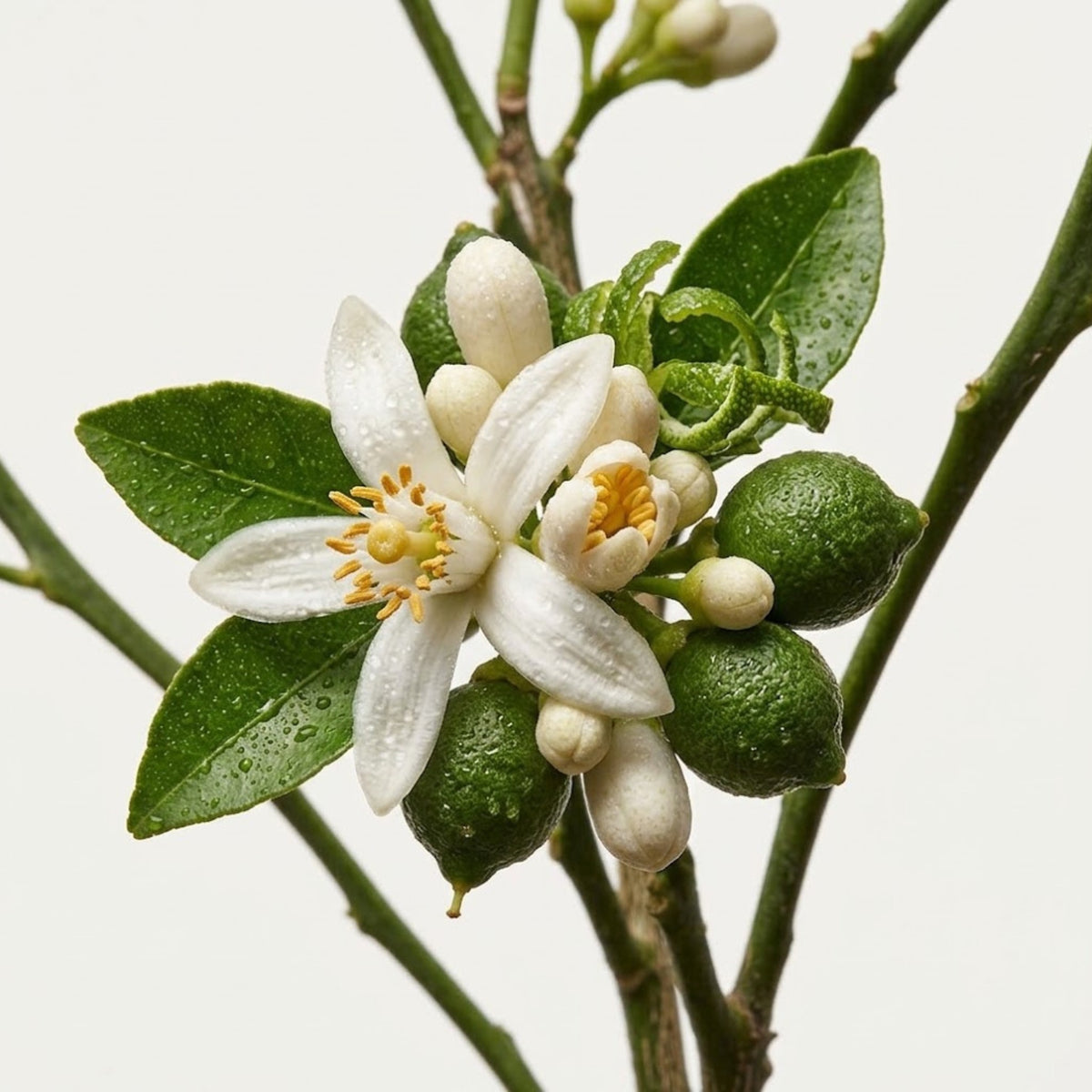 Fragrance note graphic for Neroli & Bergamot featuring neroli, jasmine, cedarwood & patchouli - Hideaway Home Fragrances