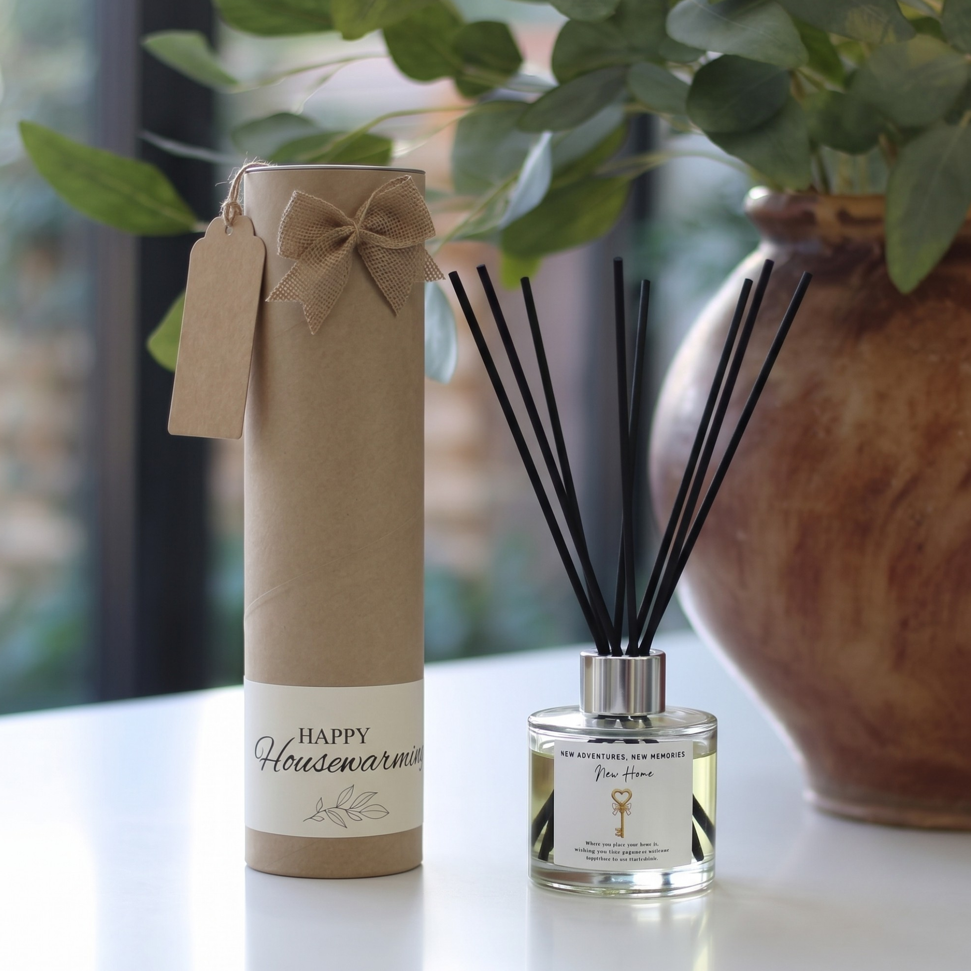 Personalised "New Home Adventures" candle and luxury reed diffuser keepsake gift set, beautifully packaged and ready to gift by Hideaway Home Fragrances.