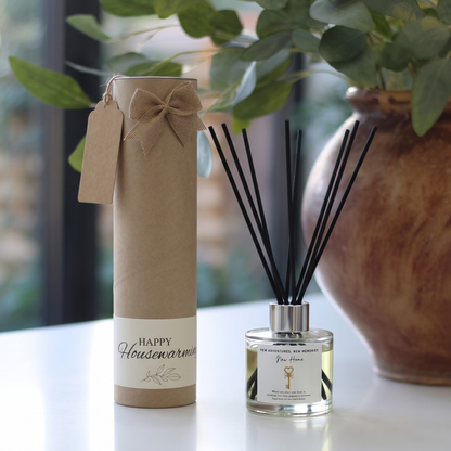 Personalised "New Home Adventures" candle and luxury reed diffuser keepsake gift set, beautifully packaged and ready to gift by Hideaway Home Fragrances.