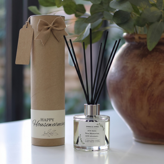 Personalised "New Adventures" candle and luxury reed diffuser keepsake gift set, beautifully packaged and ready to gift by Hideaway Home Fragrances.
