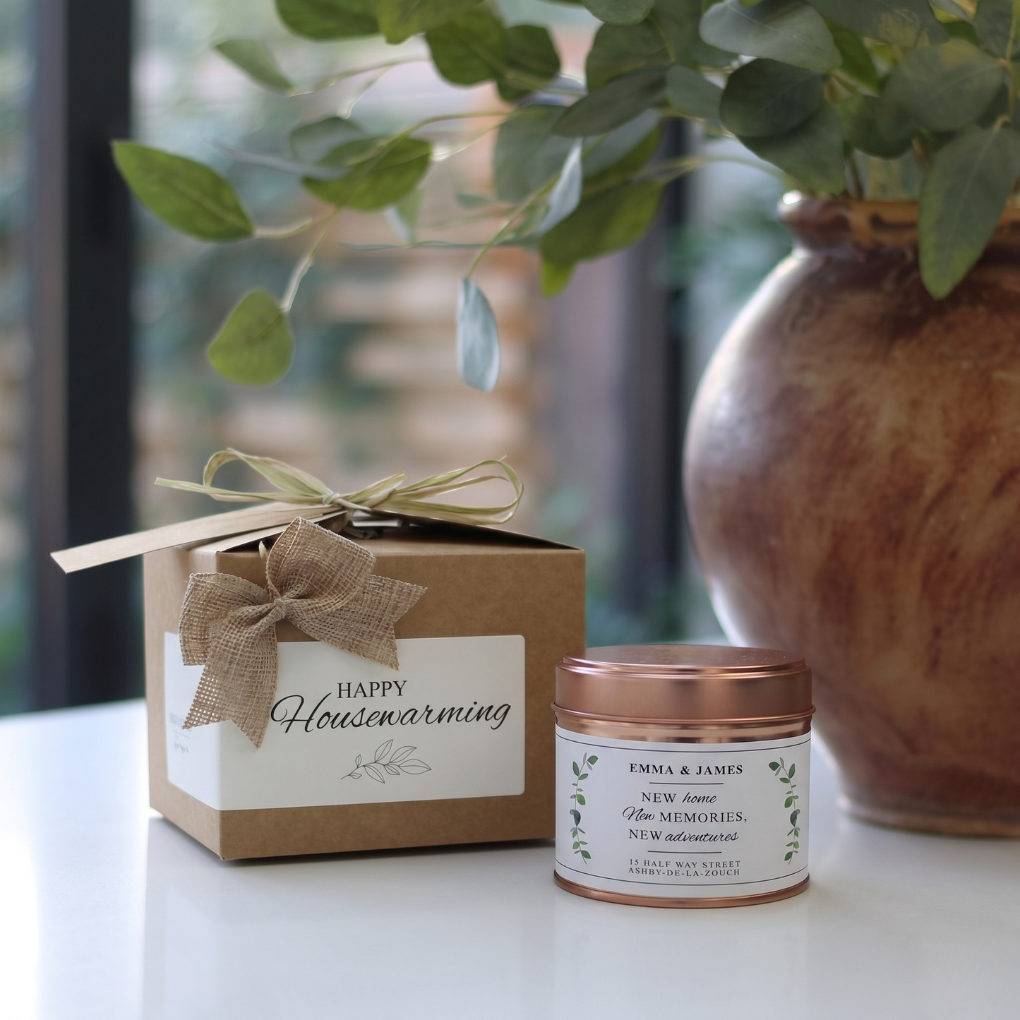 Custom housewarming gift box featuring a personalized first home adventure candle and matching home fragrance diffuser by Hideaway Home Fragrances.