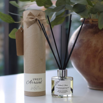 Personalised "New Baby Birth Congratulations" candle and luxury reed diffuser keepsake gift set, beautifully packaged and ready to gift by Hideaway Home Fragrances.