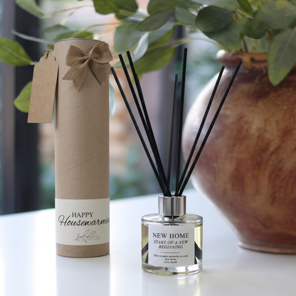 Personalised new home candle and luxury reed diffuser housewarming gift set, beautifully packaged and ready to gift by Hideaway Home Fragrances.