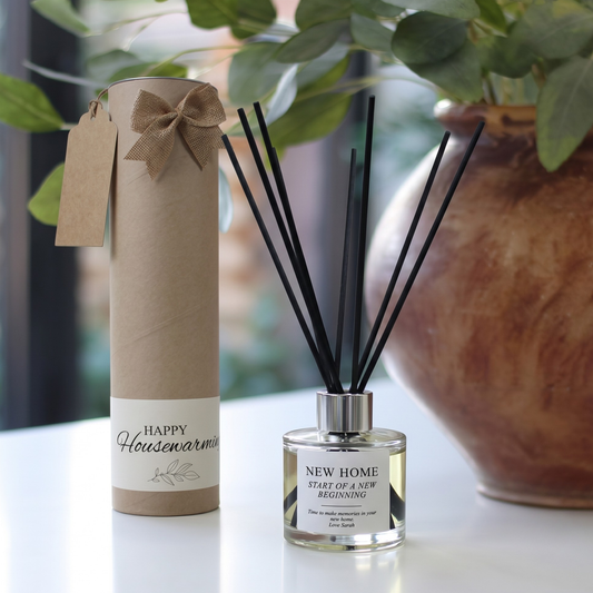 Personalised new home candle and luxury reed diffuser housewarming gift set, beautifully packaged and ready to gift by Hideaway Home Fragrances.