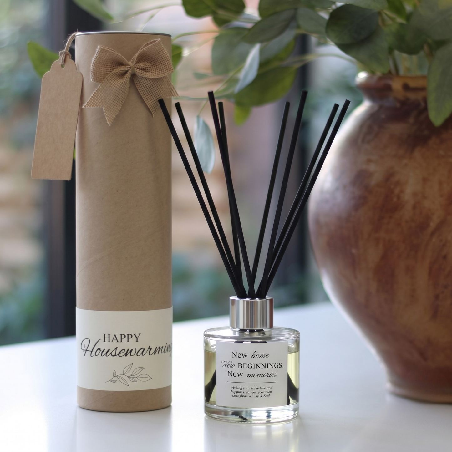 Personalised "New Beginnings" candle and luxury reed diffuser keepsake gift set, beautifully packaged and ready to gift by Hideaway Home Fragrances.