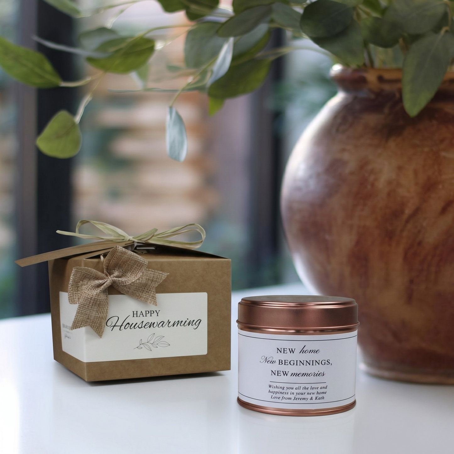 Custom new home care package gift box featuring a personalized fresh start quote candle and matching home fragrance diffuser by Hideaway Home Fragrances.