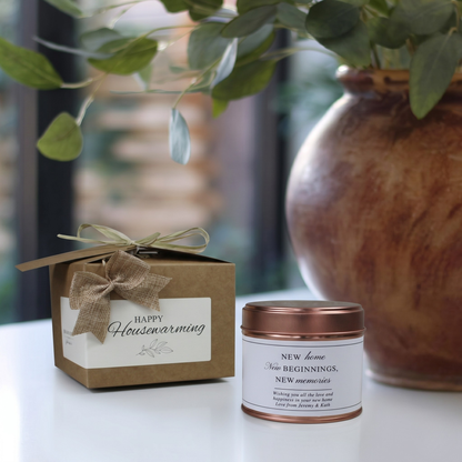 Custom new home care package gift box featuring a personalized fresh start quote candle and matching home fragrance diffuser by Hideaway Home Fragrances.