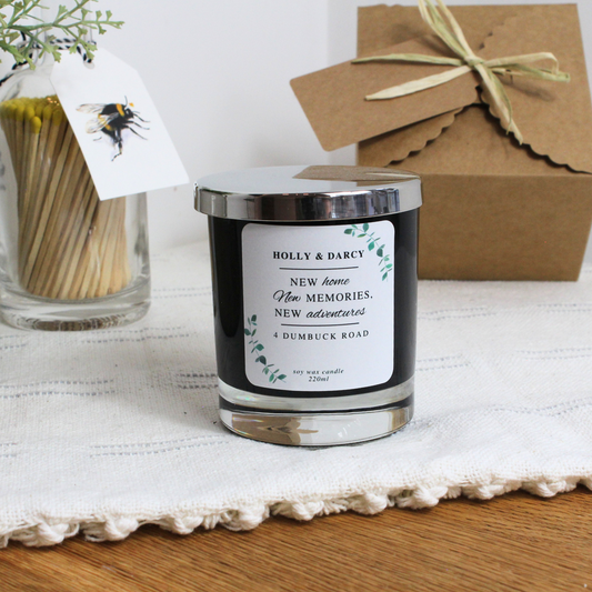 Personalised Botanical New Home candle with names, address, and custom message – Hideaway Home Fragrances