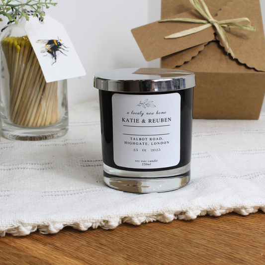Personalised New Home candle with names, location, and moving-in date – Hideaway Home Fragrances