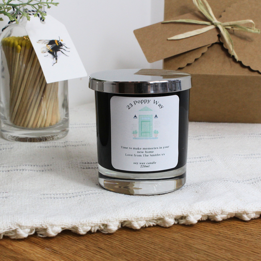 Personalised New Home Door candle with house number and custom message – Hideaway Home Fragrances