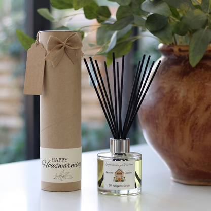 Personalised new home candle and luxury reed diffuser housewarming gift set, beautifully packaged and ready to gift by Hideaway Home Fragrances.