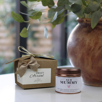 Custom luxury push present gift box featuring a personalized new mummy keepsake candle and matching home fragrance diffuser by Hideaway Home Fragrances.