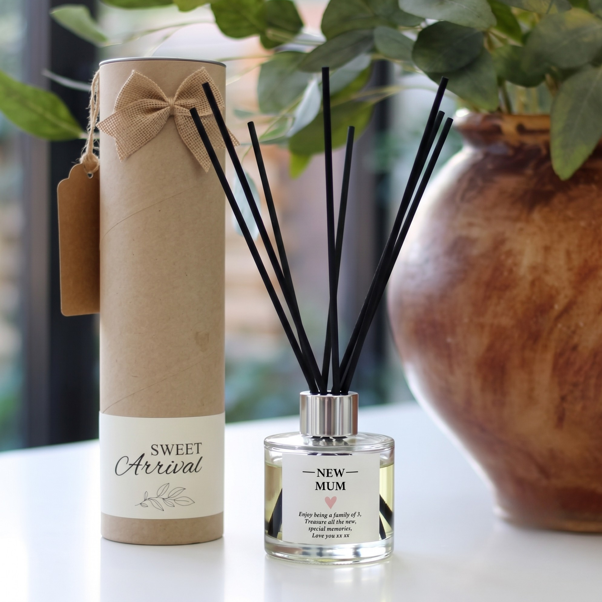 Personalised "New Mummy" keepsake candle and luxury reed diffuser gift set, beautifully packaged and ready to gift by Hideaway Home Fragrances.