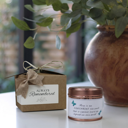 Custom infant loss sympathy remembrance gift box featuring a personalized miscarriage memorial candle and matching home fragrance diffuser by Hideaway Home Fragrances.