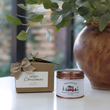 Custom vintage style holiday candle gift with personalized family name traditional christmas design - Hideaway Home Fragrances