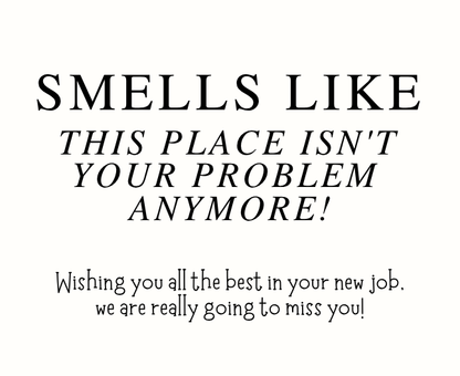 Funny personalized office leaving gift set with a witty "not your problem anymore" new job tribute candle and reed diffuser, elegantly boxed by Hideaway Home Fragrances.