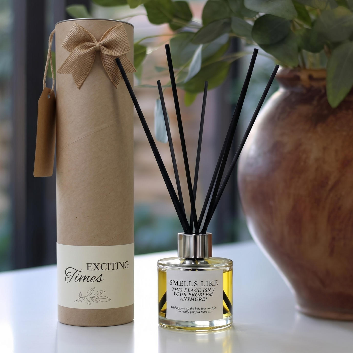 Personalised "Not Your Problem Anymore" funny leaving candle and luxury reed diffuser keepsake gift set, beautifully packaged and ready to gift by Hideaway Home Fragrances.