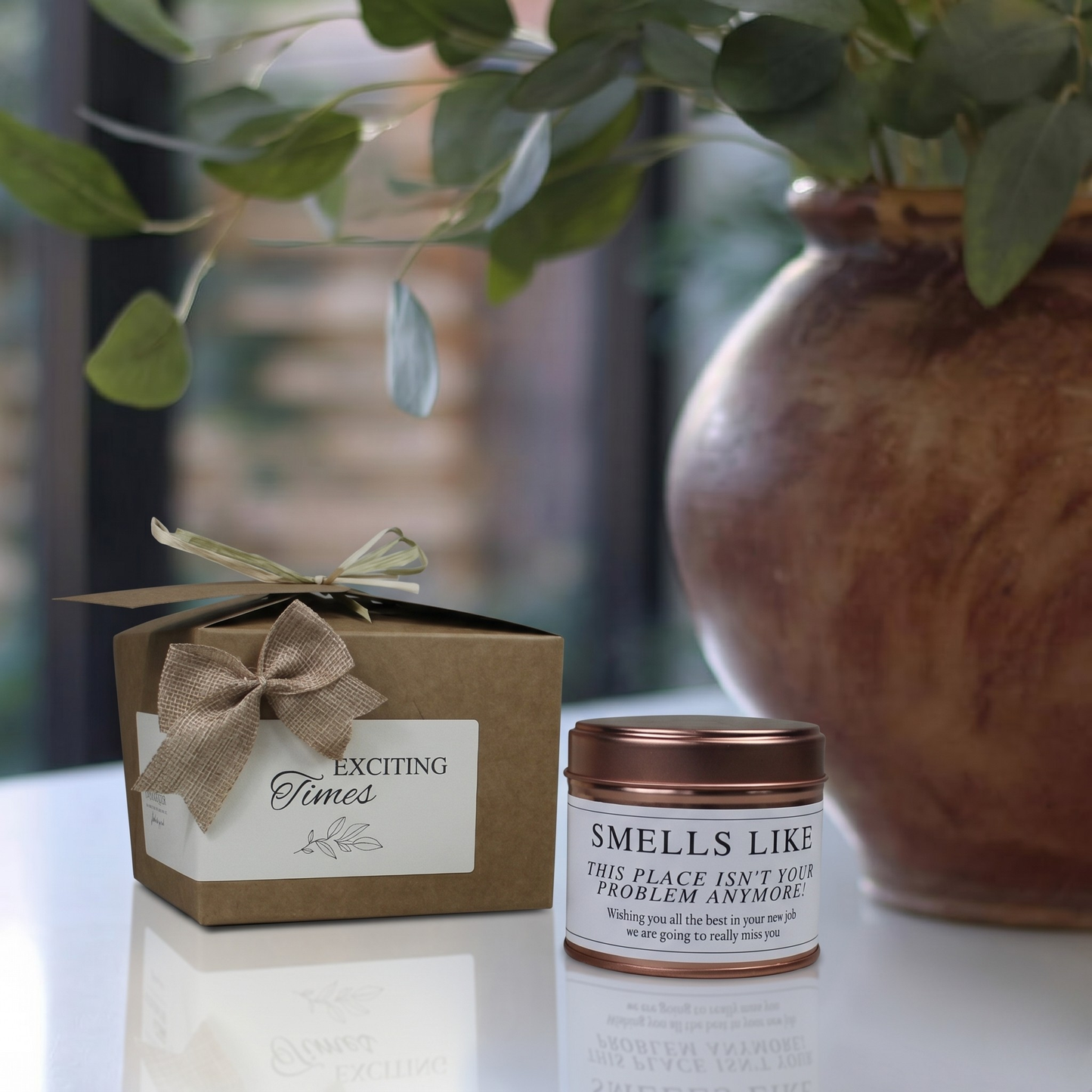 Custom luxury retirement congratulations gift box featuring a humorous coworker farewell candle and matching home fragrance diffuser by Hideaway Home Fragrances.